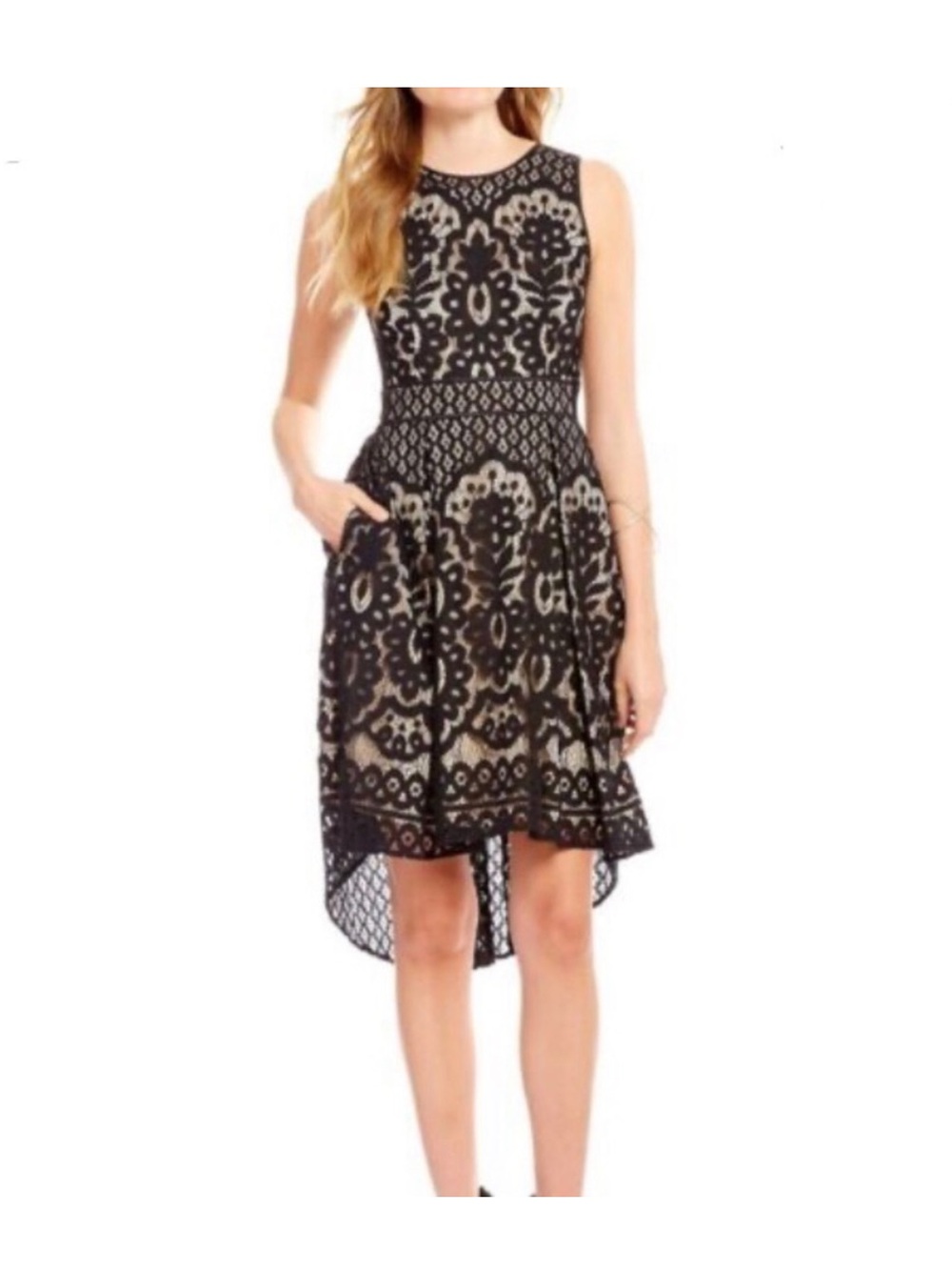 Vince Camuto black lace champagne high low dress